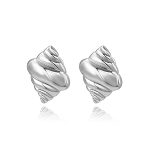 Detailed close-up of 18k gold plated spiral conch earrings with a polished silver finish