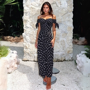 Women Polka Dot Off The Shoulder One Piece Swimsuit Ruched Bodysuit With Bow Sleeves Retro Beach Swimwear Nylon
