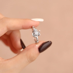 Elegant S925 sterling silver rose ring with pave zircon stones in an adjustable open band