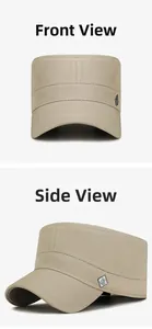 Detailed views of khaki canvas flat top hat featuring silver metal badge and fine stitching