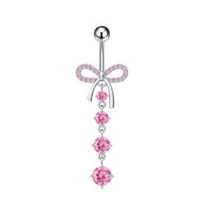 Polished stainless steel navel ring with pink zircon bow and tassel on white background
