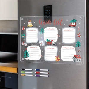 Detailed Christmas magnetic acrylic wish list board on a fridge with dry erase markers