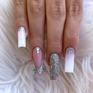 Französisch Verlauf Rosa Weiß Künstliche Nägel Zum Aufdrücken Lange Ballerina Glitzer Strass Künstliche Perle Damen Kunstnägel