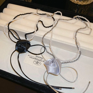 French vintage double-layered pearl necklace with fabric rose and long ribbon bow