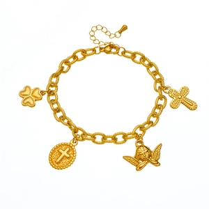 Gold plated stainless steel chain bracelet featuring cross, angel and oval pendants