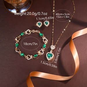 Luxury Women Watch Set Heart Pattern Green Rhinestone Gold Alloy Quartz Watch Necklace Bracelet Earrings Jewelry Gift Set