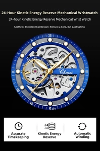 Detail of automatic mechanical movement and skeleton dial on Chenxi 8843 business watch