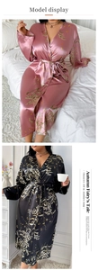 Detailed views of floral satin robes with V-neck design and matching waist belts