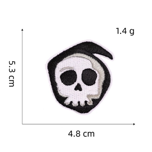 Detailed embroidery of Grim Reaper skull patch with dimensions 5.3cm x 4.8cm and 1.4g weight