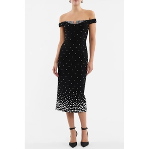 Robe Midi Épaules Dénudées Avec Künstliche Perles Coupe Ajustée Noir Soirée Fête Sexy Élégant Moulante Formelle Pour Femme