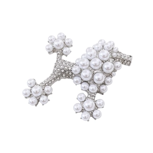 Elegant French poodle brooch with white pearls and sparkling rhinestones on silver base