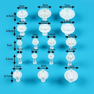 Detailed size chart of 15 white plastic fondant flower and leaf cookie cutters