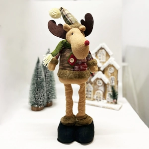 Standing Christmas reindeer plush doll with retractable legs and plaid hat holiday decoration