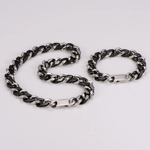 Close-up of silver and black ceramic Cuban chain necklace and bracelet jewelry set