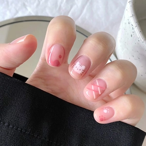 Pink Cat Heart Press On Nails Short Square Round Sweet Cute False Nails For Women