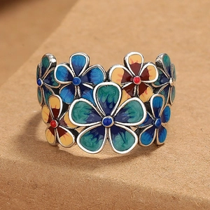 Anillo ajustable vintage de esmalte azul con motivos florales coloridos para mujer