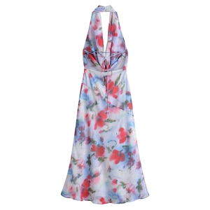 Floral halter midi dress with red blue and white patterns and back lace-up detail