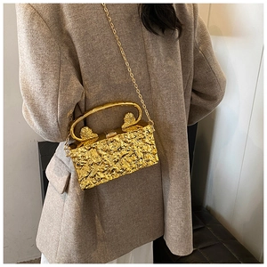 Close-up of golden acrylic clutch bag with ice crack texture and lion head detail