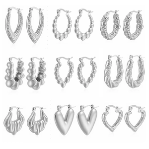 Set of vintage geometric C-shaped stainless steel earrings in diverse silver styles