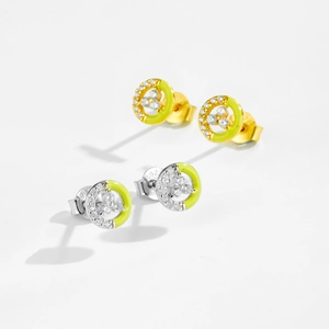 Detailed macro view of S925 sterling silver stud earrings with yellow enamel and cubic zirconia