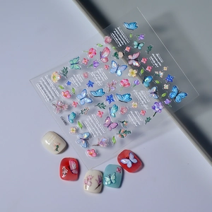 Detail of 3D embossed butterfly nail art stickers with iridescent floral patterns