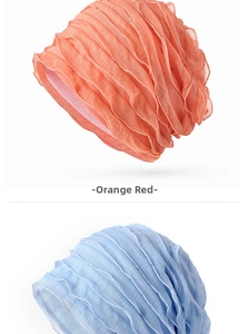 Dettaglio del berretto traspirante plissettato in trame di tessuto arancio e blu chiaro
