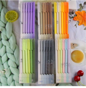 Detail of Morandi gel pen set in various aesthetic color themes with transparent packaging