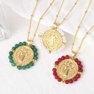 Collar Con Colgante De Medalla De San Benito Cobre Bañado En Oro De 18K Cadena Con Cuentas Joyería Religiosa Vintage