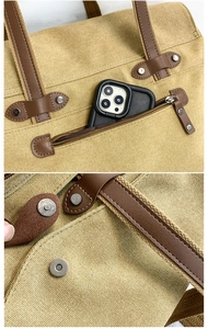 Detail of khaki canvas bag showing zipper pocket and magnetic buckle with leather trim