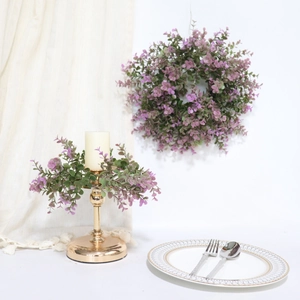 Violet eucalyptus leaf wreath set with candle holder for elegant wedding table decor
