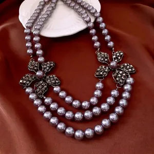Layered Faux Artificial Pearl Necklace With Hollow Alloy Rhinestone Flower Decorative Connectors French Retro Style Women Jewelry