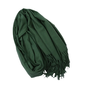 Solid deep green cashmere-like shawl scarf with elegant fringe details for autumn and winter