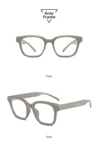 Detail view of square gray acetate sunglasses with Trend Fashion engraving on the temple