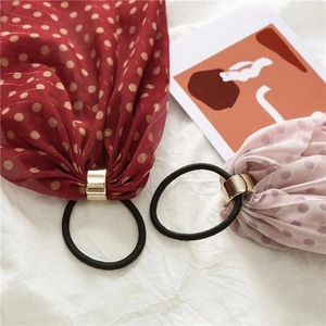 Polka dot sheer bow hair scrunchies in red and pink with golden metal buckles