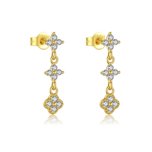 Elegant S925 sterling silver gold-plated clover drop earrings with crystal inlay