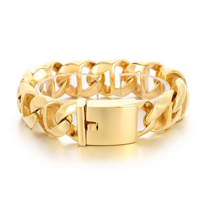 Chunky gold Cuban link bracelet for men with polished stainless steel mechanical clasp