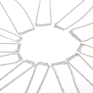 Flat lay of twelve silver stainless steel zodiac name necklaces arranged in a circle