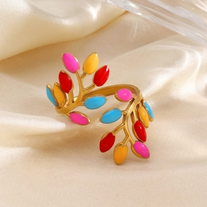 Exaggerated Stainless Steel Adjustable Enamel Leaf Ring For Women Gold Plated Nature Inspired Colorful Finger Jewelry