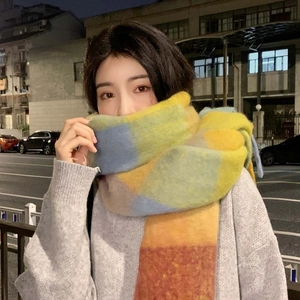 Rainbow plaid mohair scarf in yellow and blue, soft thick oversized winter wrap for women