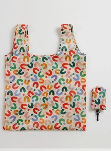 Foldable grocery bag with abstract U-shaped patterns and matching storage pouch