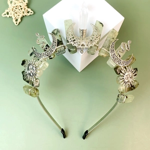 Bohemian crown headband with green natural stones, silver moon and sun charms