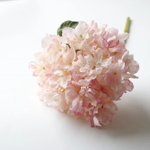 Detail of vintage pink and white faux hydrangea petals with realistic burnt edges