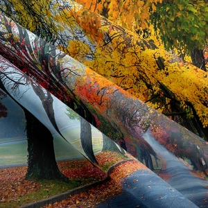 Detailed macro view showing the soft twill texture and digital print of autumn park tapestry