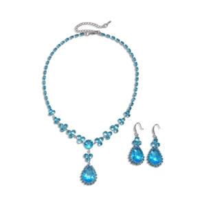Elegant two-piece jewelry set with light blue teardrop crystals and silver flower chain
