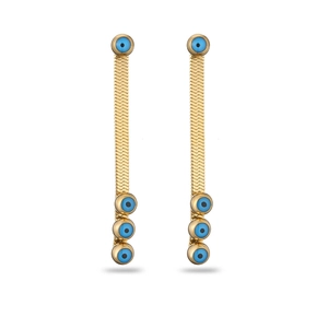 Detail view of Bohemian long drop earrings with gold snake chains and blue evil eye beads