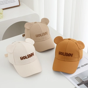 Kids baseball cap with bear ears and Holiday embroidery in beige and khaki colors