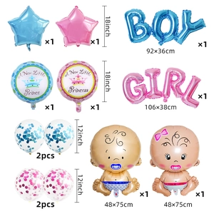 Detailed set of baby shower balloons featuring blue and pink stars and crown prints
