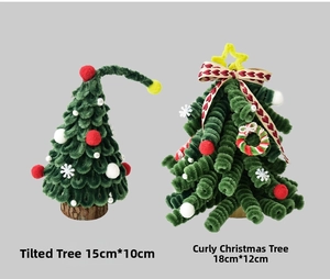 Miniature DIY Christmas trees with colorful wool balls and festive bows on wooden bases