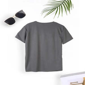 Men's dark grey short-sleeve fitness T-shirt shown from the back in a summer vacation setup