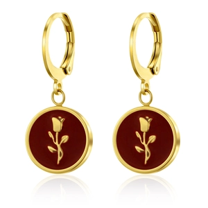 Elegant 18K gold plated stainless steel drop earrings with red enamel rose pendant